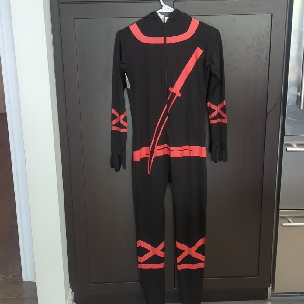 Teen Black and Red Ninja Costume Hooded Jumpsuit With Nunchuck - Size 14-16 NWT